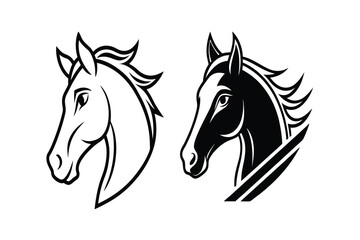 Stylized Horse Head Illustrations in Black and White,Black and White Stylized Horse Head Logo Design