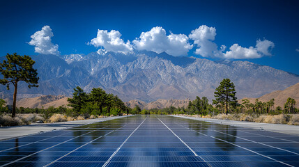 Renewable Energy Vista: A stunning perspective of solar panels stretches towards majestic mountains, creating a visual blend of technology and natural grandeur under a vibrant blue sky.