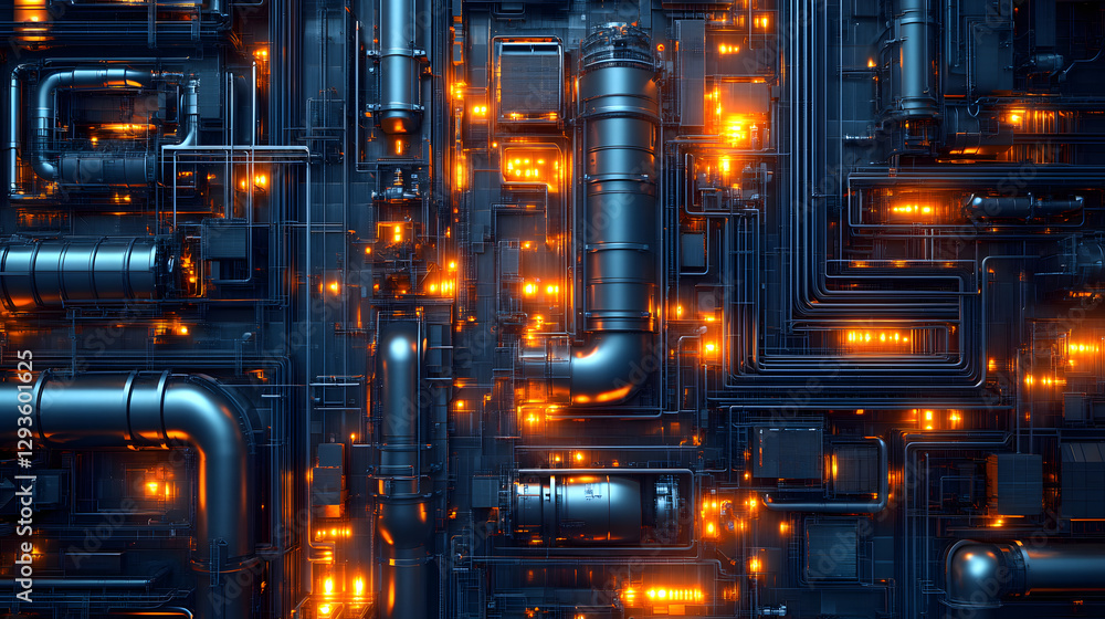 Poster industrial network: a complex network of pipes and connections pulsates with a sense of power and ad