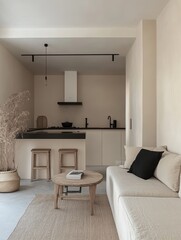 A minimalist kitchen interior showcases a modern and simple design