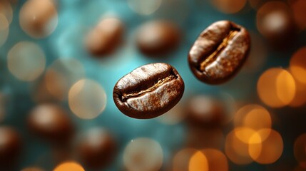 Fototapeta premium Floating coffee beans in bokeh background