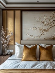 A Beautiful Bedroom Features Elegant Decor and Artistic Accents