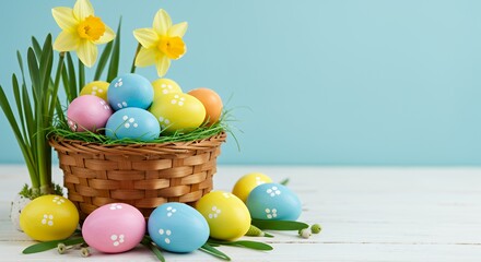 Colorful Easter Eggs in Basket with Spring Daffodils on White Table