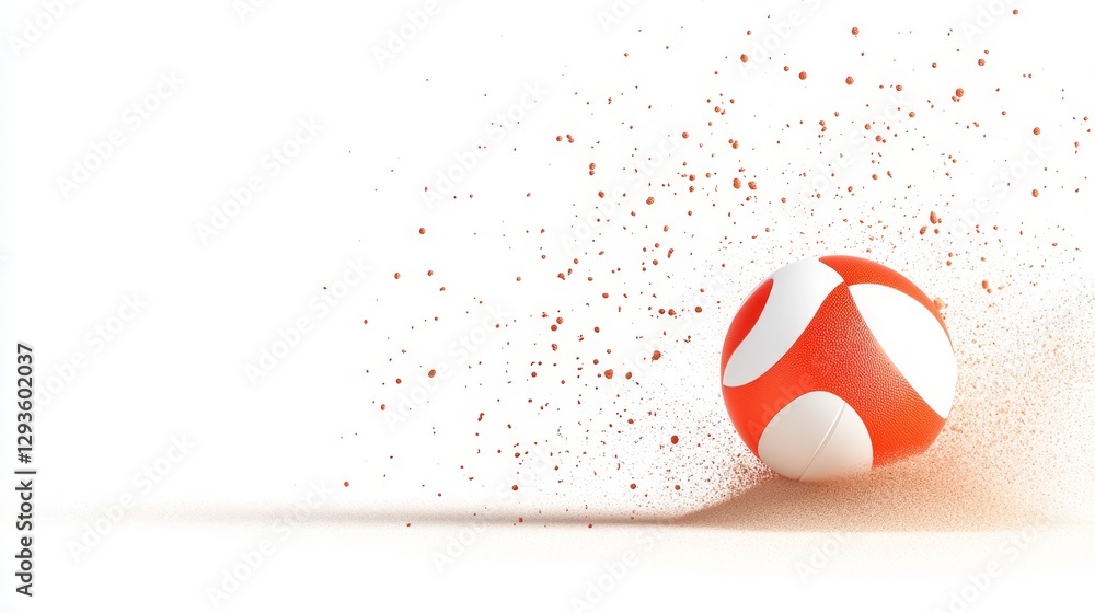 Poster dynamic red and white ball creating dust on white background