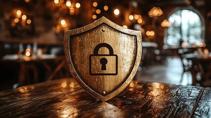 A golden shield with a padlock emblem sits on a rustic wooden table in a dimly lit restaurant.