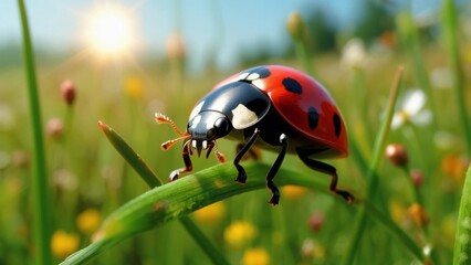 Bright ladybug exploring a green blade of grass on a sunny afternoon in a meadow