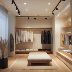 A minimal clothing store showcasing fashionable clean clothes displays