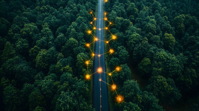 Forest Highway with Connected Lights: An aerial perspective captures a forest road, illuminated by a network of interconnected lights that seem to guide the path forward.