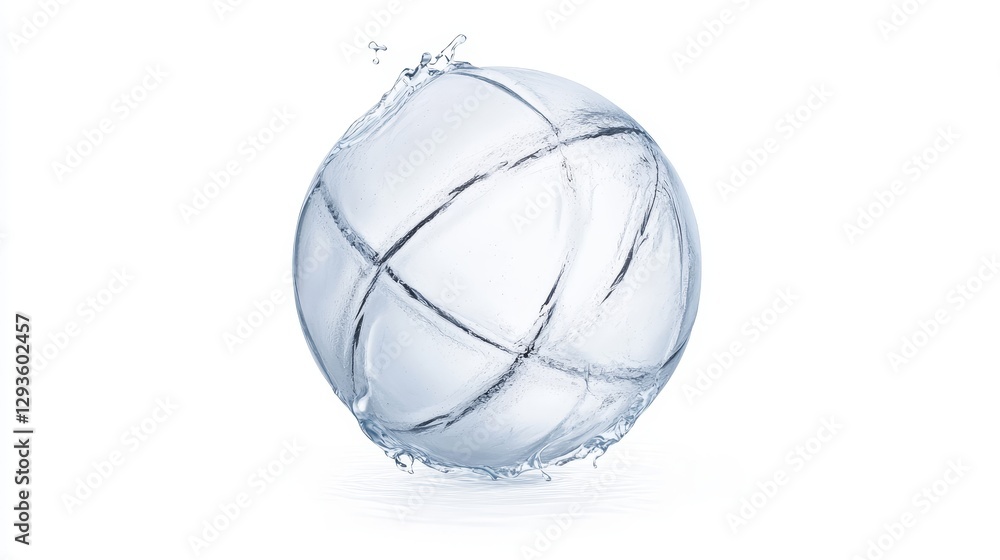 Poster transparent water sphere creating splashes on a white background