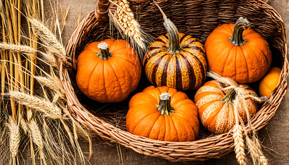 fall harvest pumpkins in a basket with wheat stalks