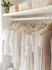 Clean and organized closet filled with white clothing on hangers