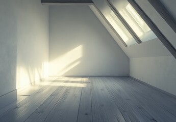 Obraz premium A room with a white ceiling and a wooden floor. There is no furniture in the room. The room is very clean and empty