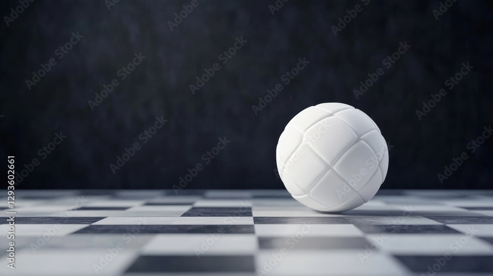 Poster white ball on checkerboard pattern surface with dark background
