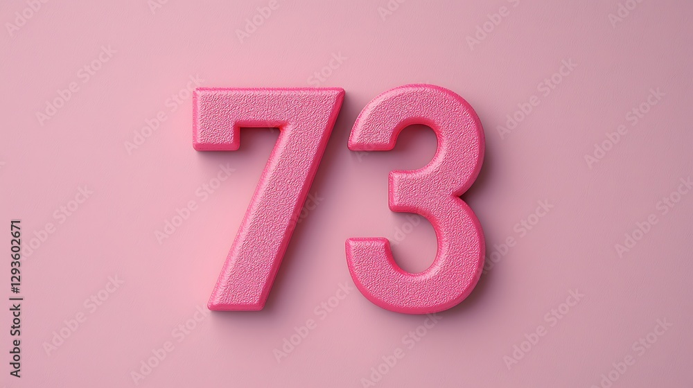 Poster a vibrant pink number 73 displayed against a soft pink background, creating a playful and modern aes
