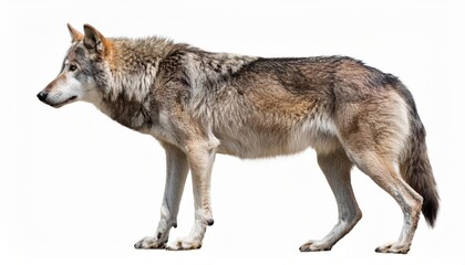 Fototapeta premium Striking Gray Wolf Against a Pure White Backdrop, Majestic Beauty Frozen in Moment with Bold Eyes Gazing into Infinity on Winters Plains
