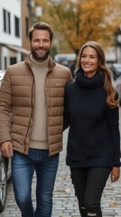 Fototapeta premium A Stylish Young Couple Strolling Hand-in-Hand Through a Picturesque Urban Street in Autumn, Showcasing Fashionable Layers of Outerwear with Warm Smiles and Love