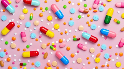 A variety of colorful pills and capsules on a pink background.