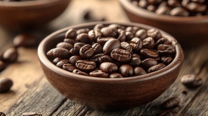 Fototapeta premium Aromatic Roasted Coffee Beans in Rustic Wooden Bowl, Macro Shot for Beverage Ad or Recipe