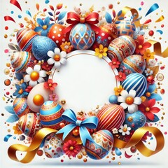 Colorful Easter egg with floral border and spring flowers, a festive decoration symbolizing celebration and tradition