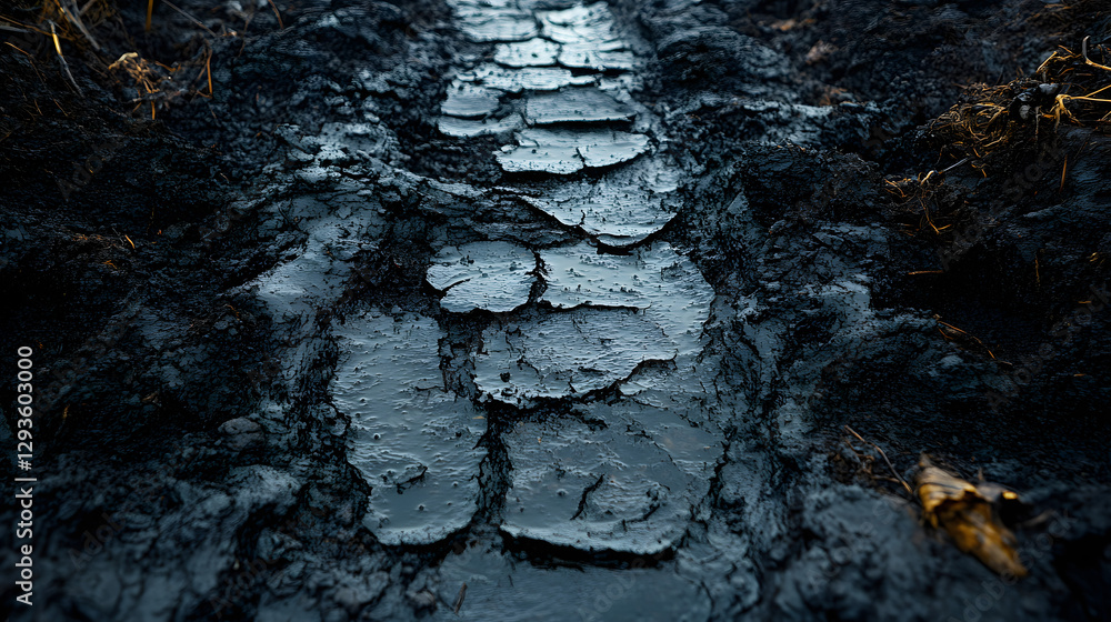 Poster stone path through mud: a textured stone pathway winds its way through a muddy terrain, showing resi