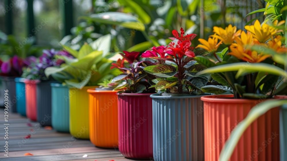 Poster brightly colored pots filled with various flowering plants line a wooden deck, illuminated by warm s