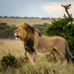 male lion standing on the bush field