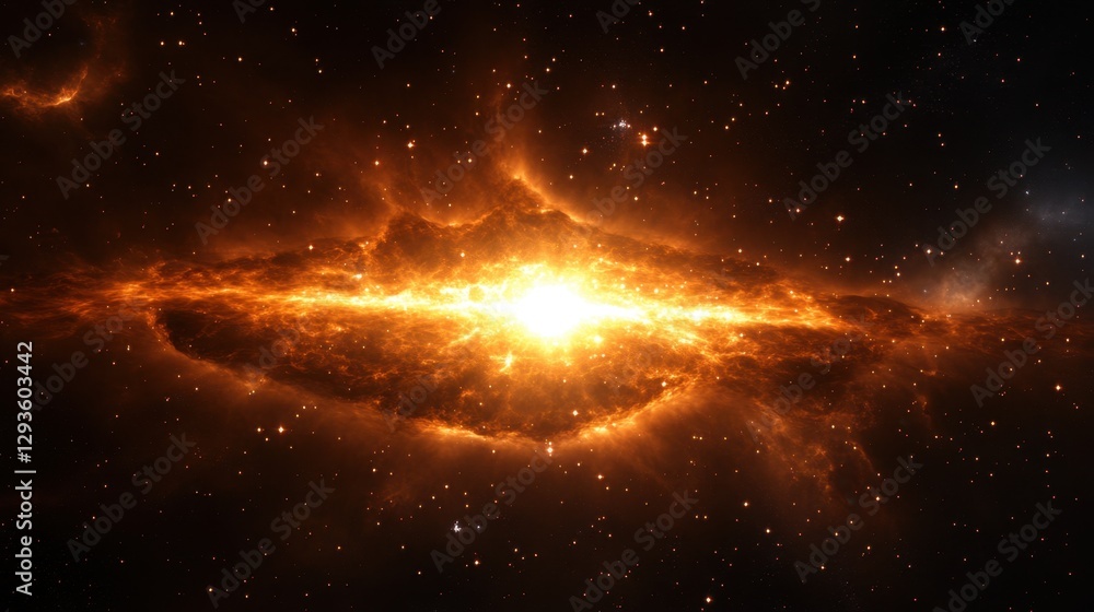 Poster an abstract digital rendering of a bright, fiery explosion at the center of a cosmic nebula, surroun