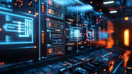 Futuristic Digital Control Panel Interface Technology Screen Orange Blue Neon Lights Modern Design System Network Data Center Server Room Advanced    