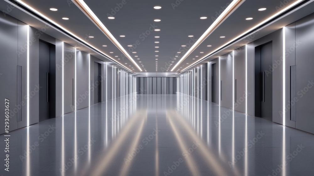 Poster a symmetrical, brightly lit, modern hallway with recessed lighting and feature strips extends into t