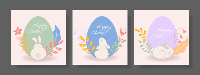 Easter set. Sleeping rabbit, lilac egg, decorative leaves, floral arrangement, soft pastel palette, spring theme, gentle artistic style, Easter greeting, festive composition