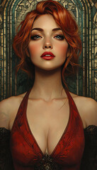 Illustration of witch in black hat in art deco style, card. AI generative