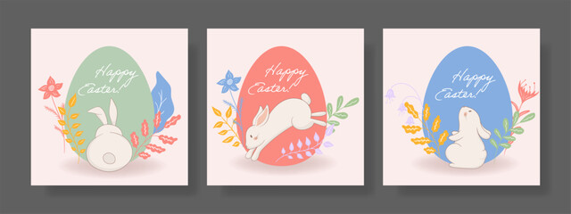 Easter set. Back-facing rabbit, green egg, surrounding flowers, colorful springtime leaves, soft minimalistic style, joyful festive mood, elegant floral art, seasonal greeting