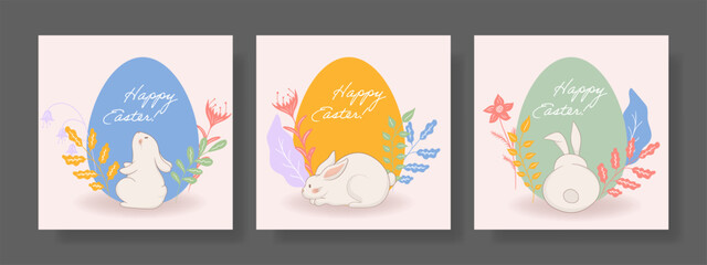Easter set. Bunny sleeping, golden egg, soft pastel floral arrangement, spring leaves, delicate festive artwork, elegant nature elements, gentle greeting composition, holiday celebration