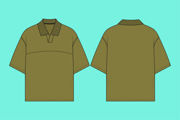 Olive colour v neck polo flat sketch cad.