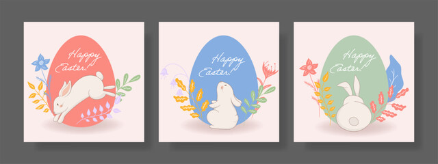 Easter set. Jumping rabbit, red egg, botanical elements, delicate floral arrangement, vibrant spring colors, festive greeting, soft artistic design, nature-inspired Easter decoration