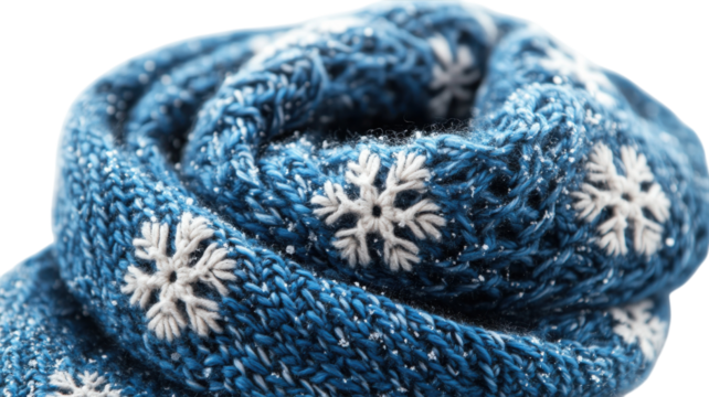 Cozy blue knitted scarf with white snowflake patterns for winter wear