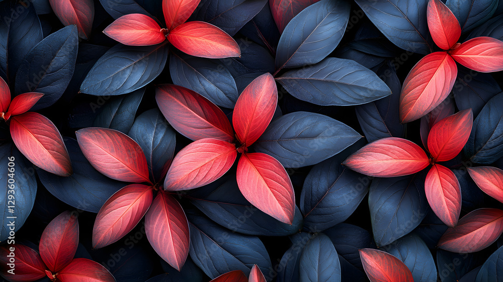 Poster botanical abundance: a mesmerizing floral composition of vibrant red and deep blue leaves, creating 