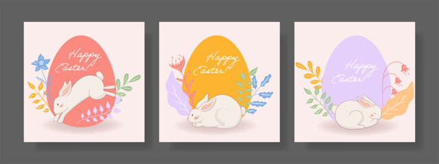 Easter set. Jumping rabbit, pink egg, artistic floral arrangement, delicate spring leaves, warm pastel tones, vibrant festive greeting, elegant seasonal composition