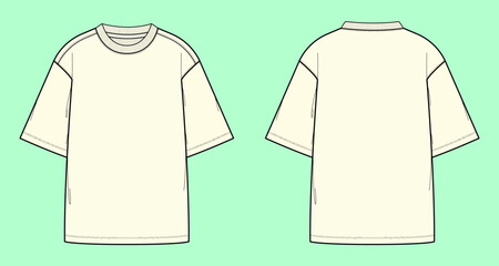 Drop Shoulder Crew Neck Mock Sleeve T-shirt Outline Flat Sketch. 