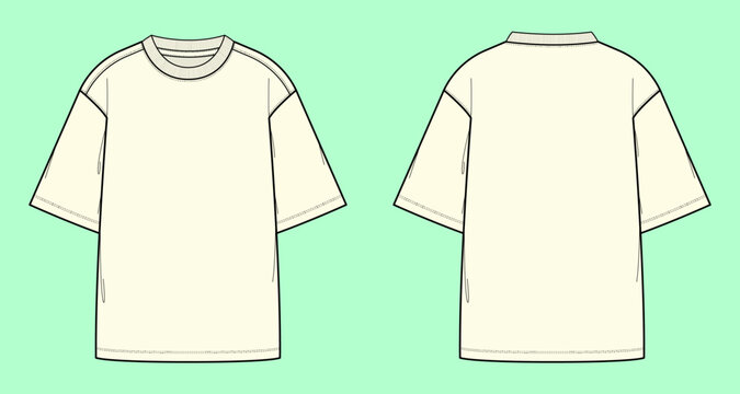 Drop Shoulder Crew Neck Mock Sleeve T-shirt Outline Flat Sketch. 