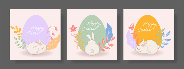 Easter set. Sitting bunny, blue egg, detailed floral ornament, delicate botanical composition, warm pastel hues, joyful spring greeting, artistic seasonal design