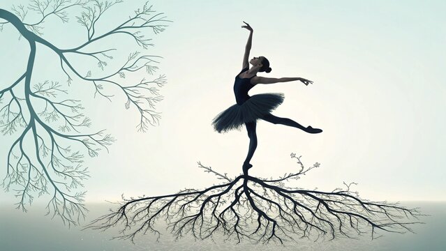 Serene silhouette of a ballet dancer en pointe, standing firmly on tree roots with a soft-focus tree, evoking a sense of peace, stability, and the art of ballet