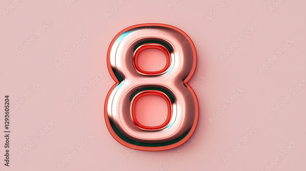 Poster a shiny, metallic number 8 is prominently displayed against a soft pink background, creating a moder