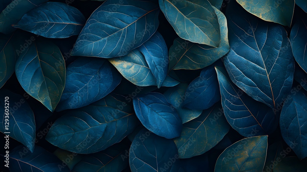Poster close-up image of deep teal leaves, creating a serene and textured background. deep teal leaves: a s
