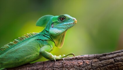 Fototapeta premium Vividly Colored Green Plumed Basilisk Lizard in a Tropical Rainforest Canopy, Showcasing Striking Feathers and Agile Demeanor, Capturing the Exotic Beauty of Boca Tapada.