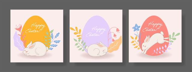 Easter set. Sleeping rabbit, golden egg, pastel floral elements, delicate leaves, soft spring colors, festive greeting, nature-inspired design, peaceful holiday theme