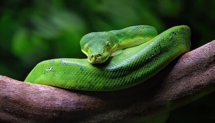 Fototapeta premium Vibrant Green Python in Mysterious Jungle Environment, Majestically Coiled with Eyes Glowing Intense Shades of Emerald in the Darkness