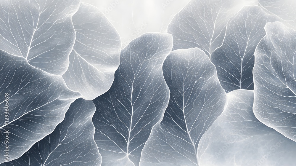 Poster close-up image showcasing the intricate vein patterns of delicate blue leaves. tranquil and serene a