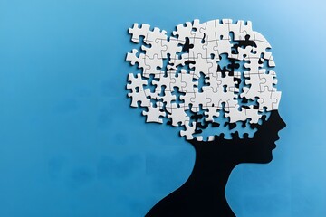 Fragmented Mind Silhouette Against Light Blue Background