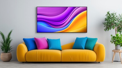 Vibrant couch arrangement with a colorful abstract painting hanging above, creating a lively and artistic atmosphere
